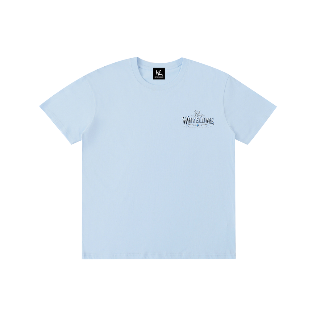 Front view of sky blue WHYELUME Silver Crest tee with small crest chest graphic