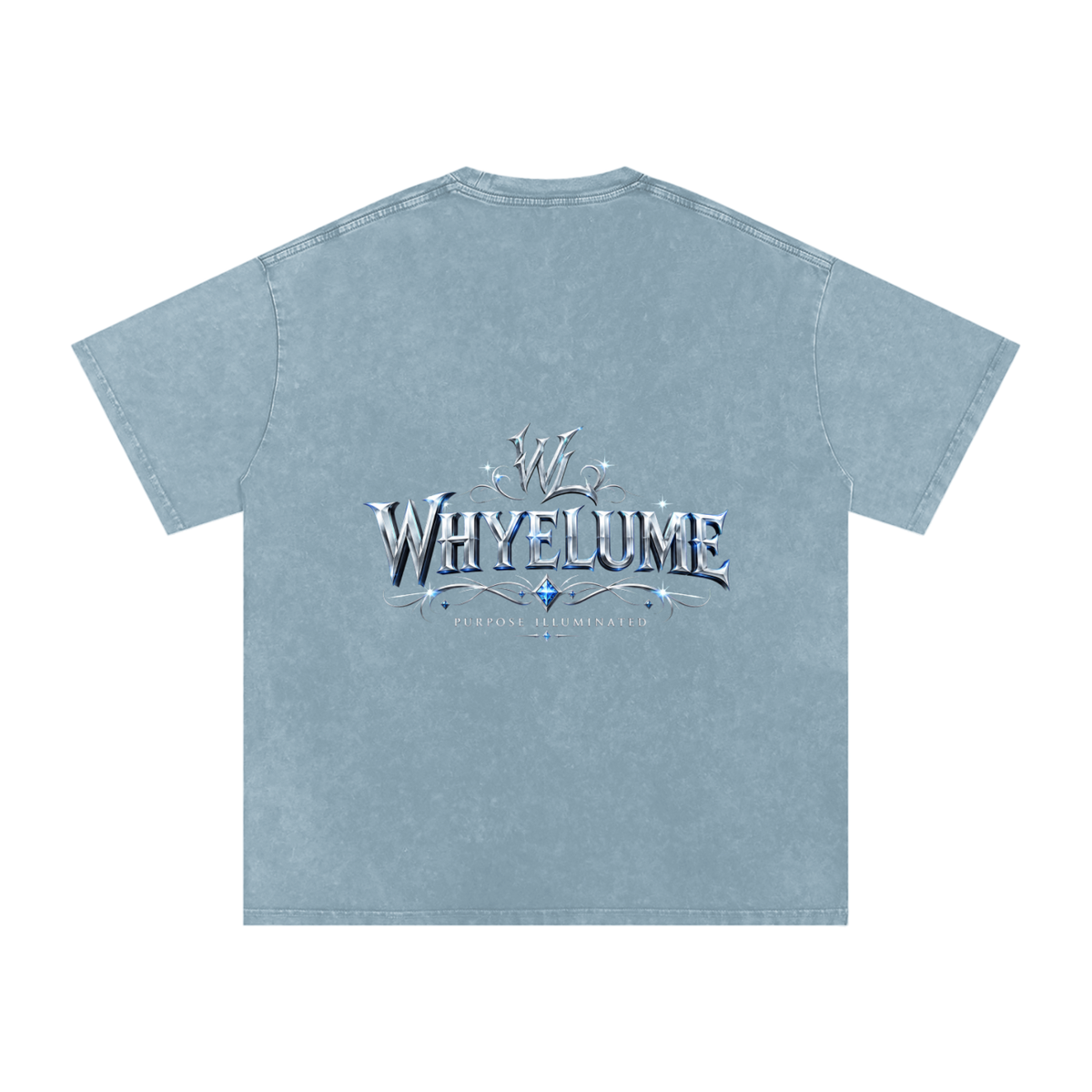 Back view of blue jeans snow washed WHYELUME Silver Crest tee with silver crest wordmark graphic