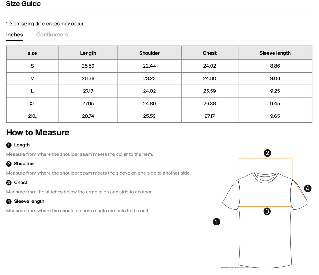 Size chart for WHYELUME Forged Mark boxy oversized heavyweight tee with length, shoulder, chest, and sleeve measurements in inches