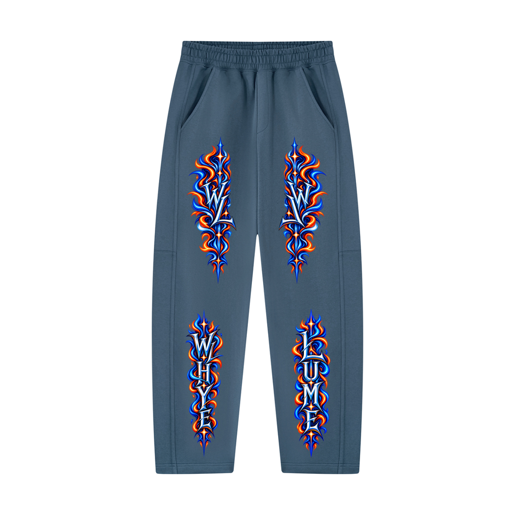 Front view of haze blue WHYELUME Purpose Illuminated heavyweight sweatpants with blue and orange flame graphics down both legs