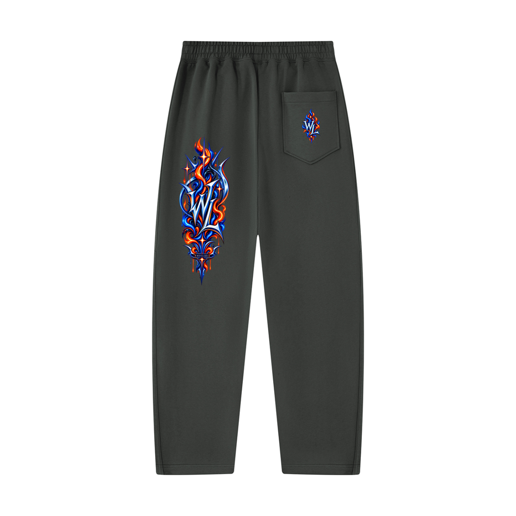 Back view of dark gray WHYELUME Purpose Illuminated sweatpants with small blue and orange hip graphic