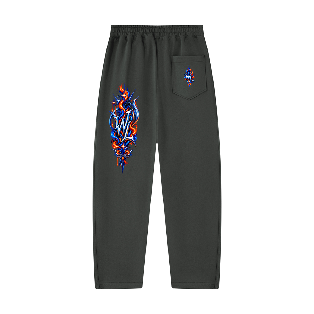 Back view of dark gray WHYELUME Purpose Illuminated sweatpants with small blue and orange hip graphic