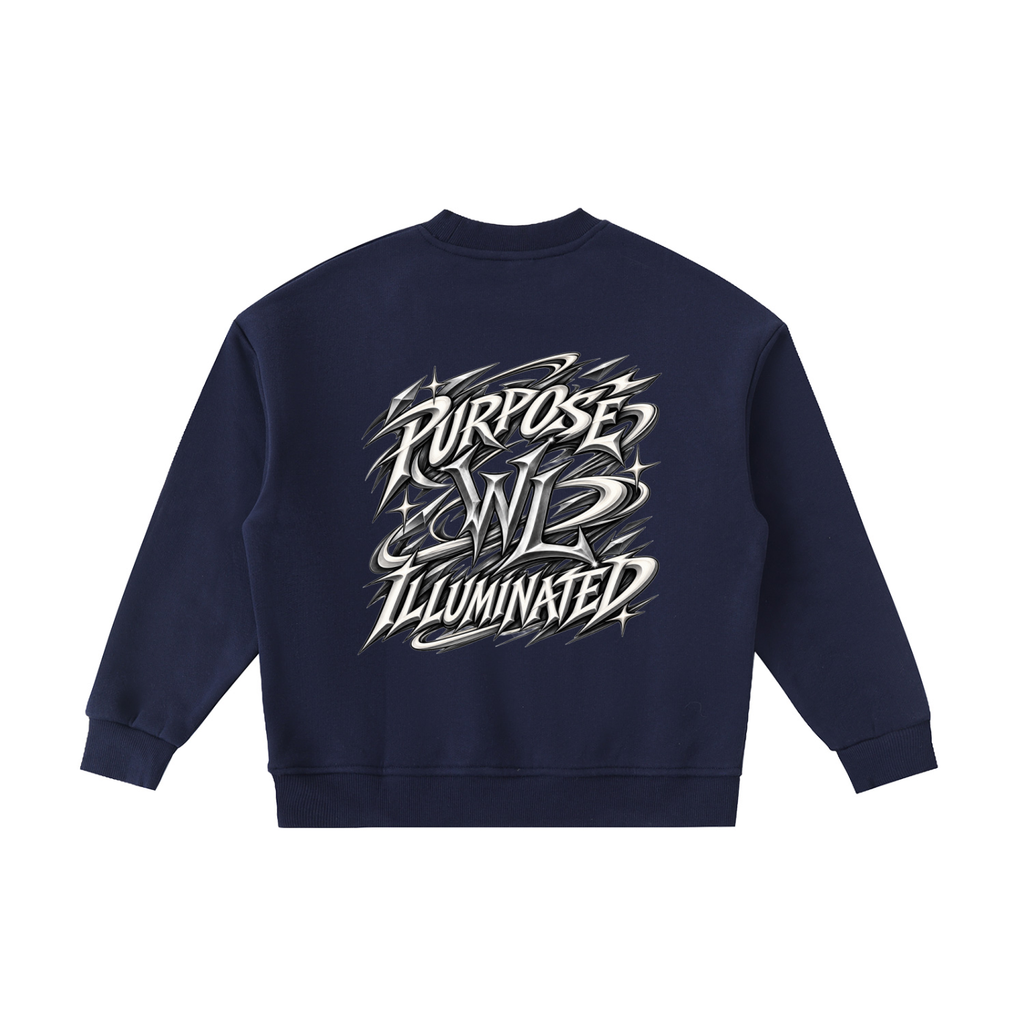 Back view of navy blue WHYELUME Kids Purpose Illuminated crewneck with white Purpose Illuminated graphic