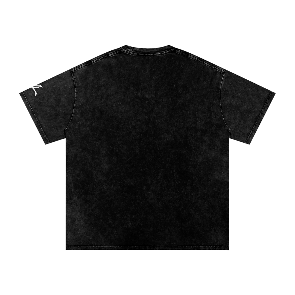 Back view of black snow washed WHYELUME Weathered Mark oversized tee with no print