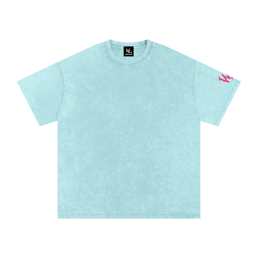 Front view of water blue snow washed WHYELUME Chrome Stack tee with pink sleeve accent graphic