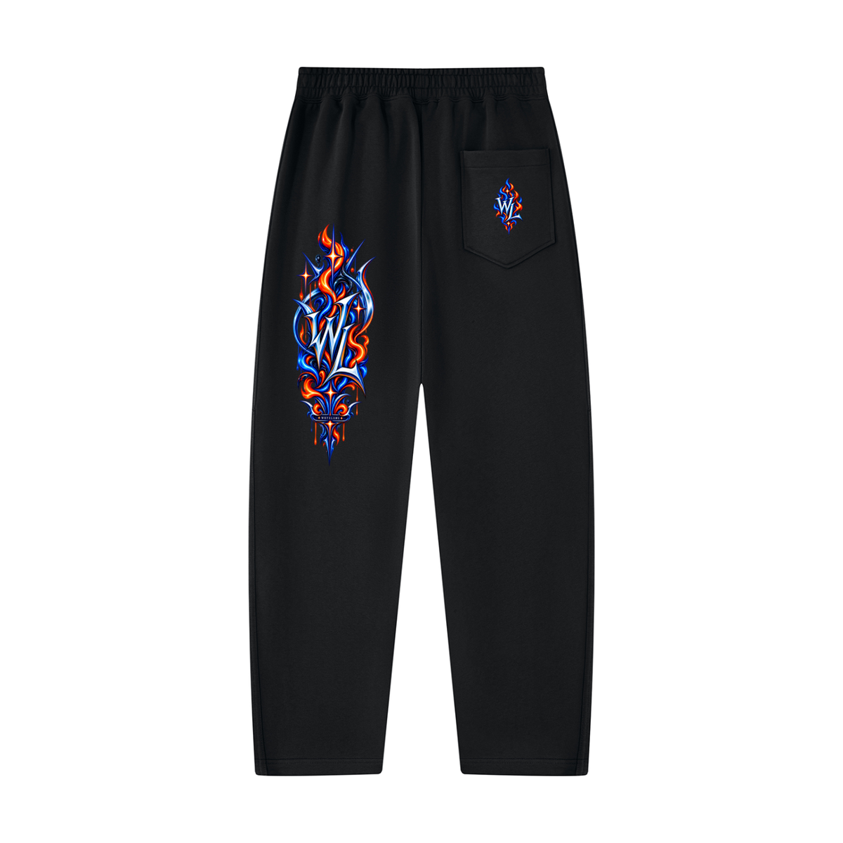 Back view of black WHYELUME Purpose Illuminated sweatpants with small blue and orange hip graphic