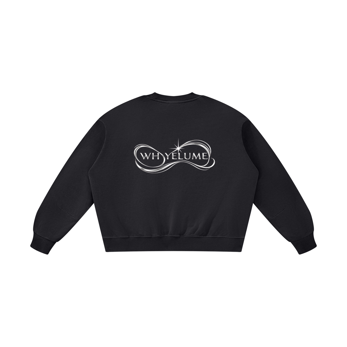 Back view of black WHYELUME Purpose Illuminated vintage washed crewneck with white WHYELUME swirl graphic