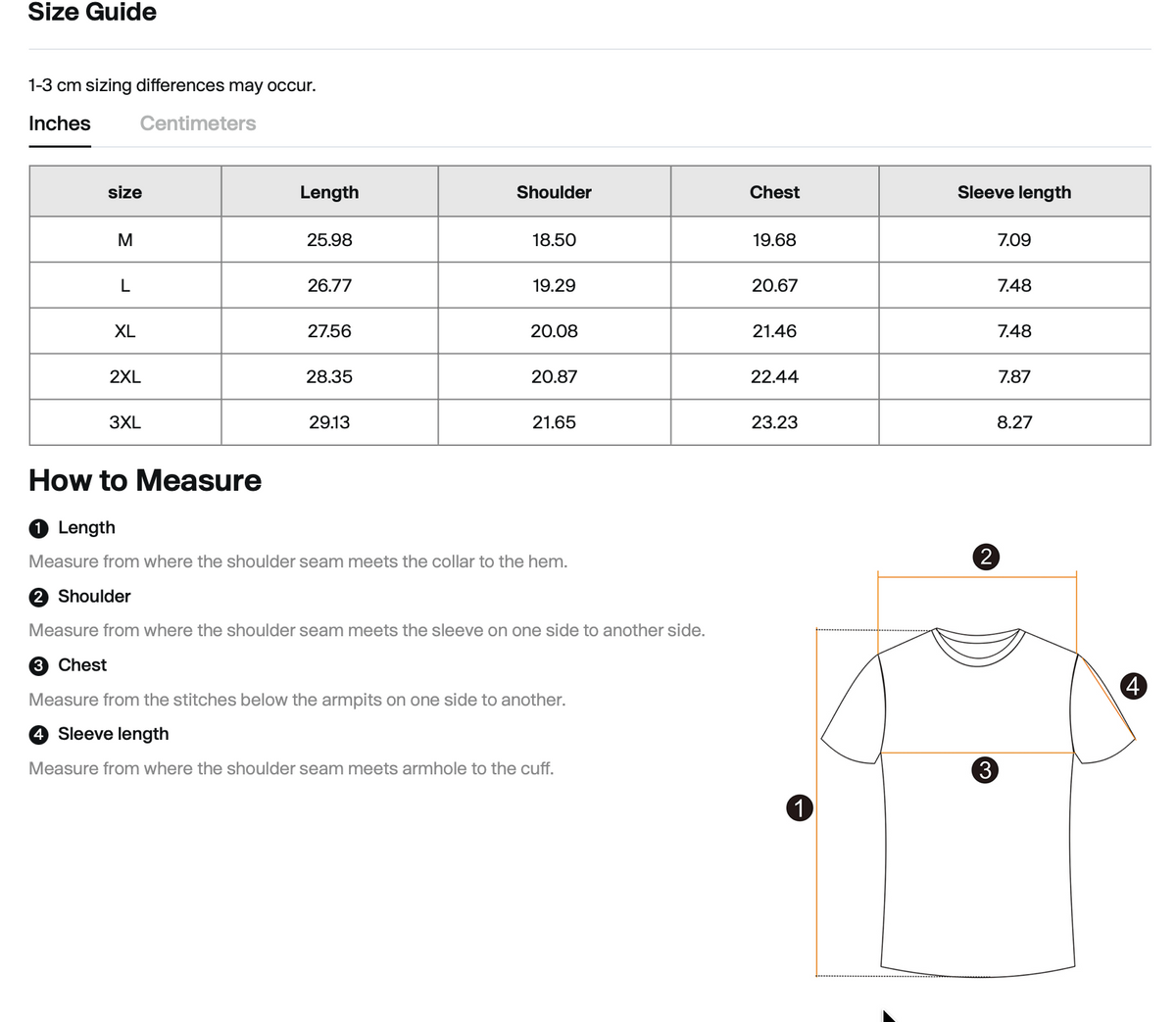 Size chart for WHYELUME Silver Crest tee with length, shoulder, chest, and sleeve measurements in inches