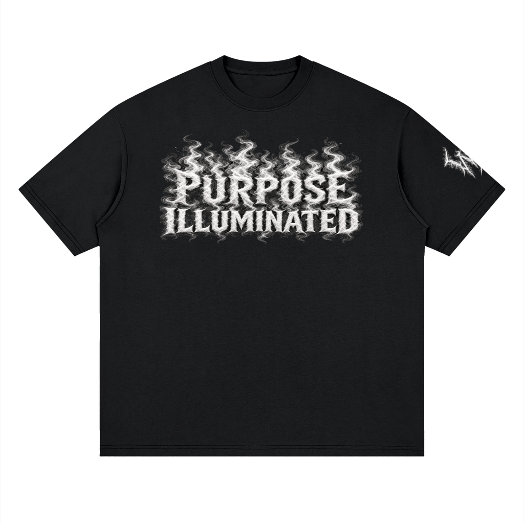 Front view of black WHYELUME What Started Me drop shoulder tee with white smoke Purpose Illuminated graphic