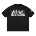 Front view of black WHYELUME What Started Me drop shoulder tee with white smoke Purpose Illuminated graphic
