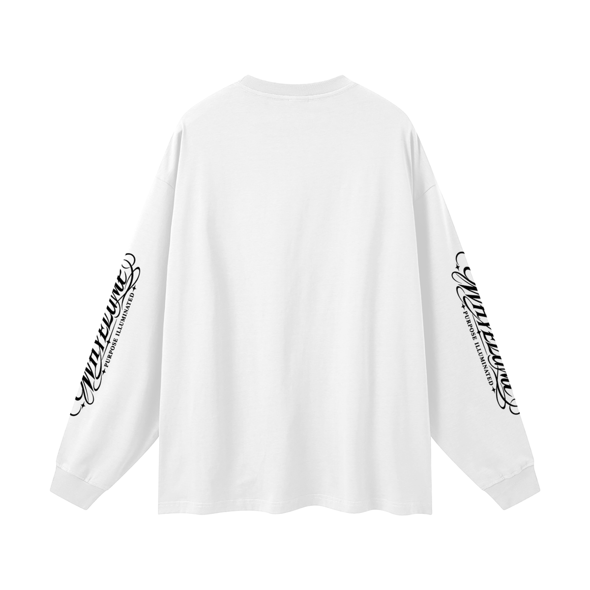 Back view of white WHYELUME Sleeve Script oversized long sleeve tee with black script running down both sleeves