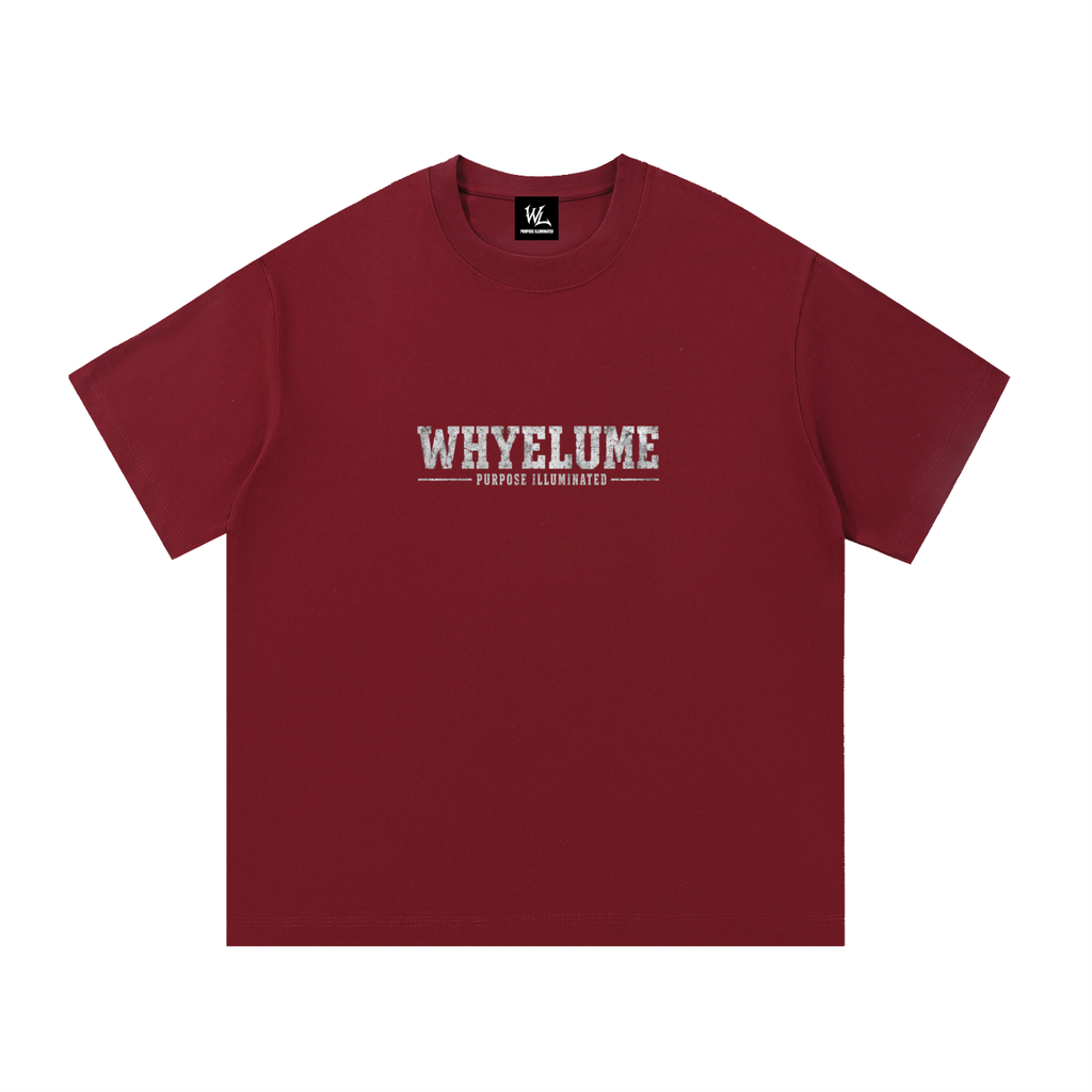 Front view of wine red WHYELUME Essentials Radiant Mark tee with small white wordmark chest graphic