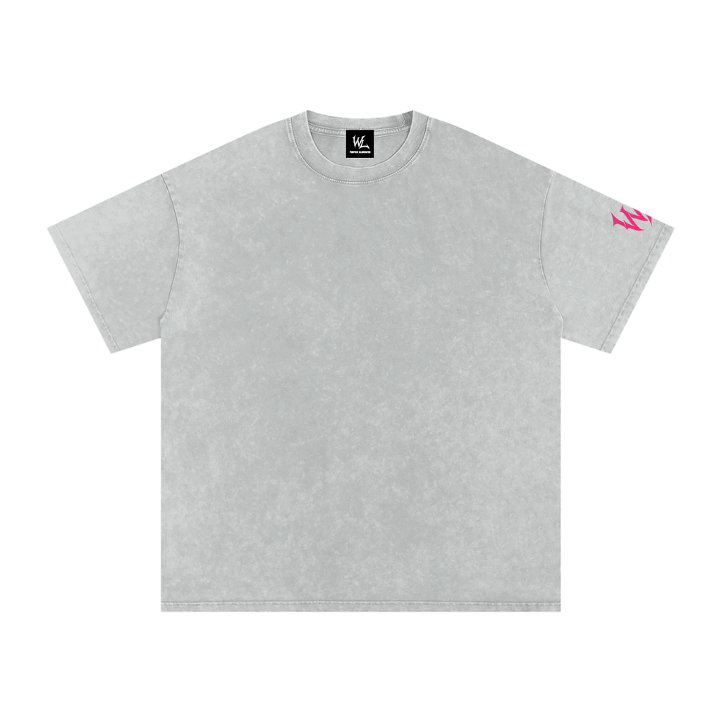 Front view of light gray snow washed WHYELUME Chrome Stack tee with pink sleeve accent graphic