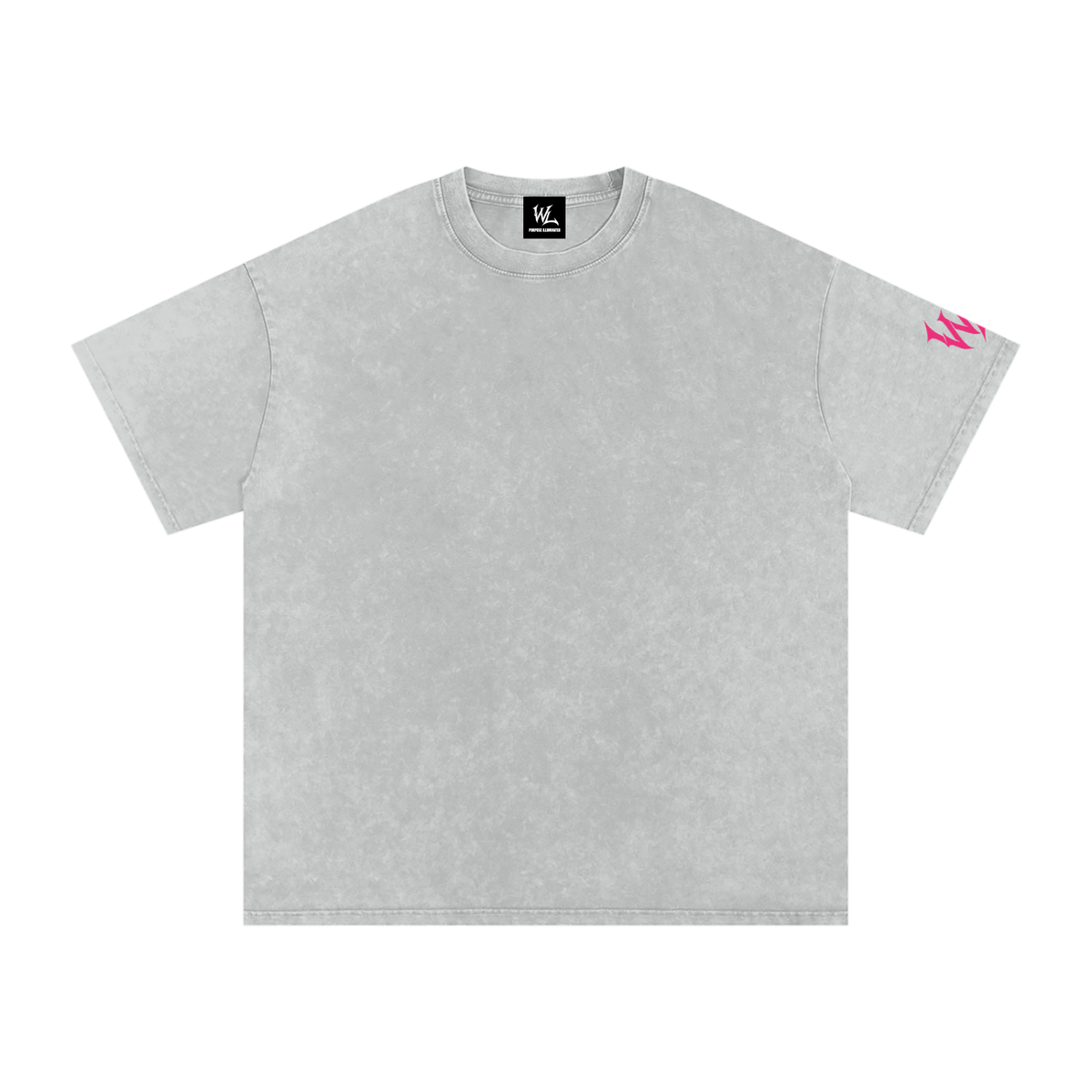Front view of light gray snow washed WHYELUME Chrome Stack tee with pink sleeve accent graphic