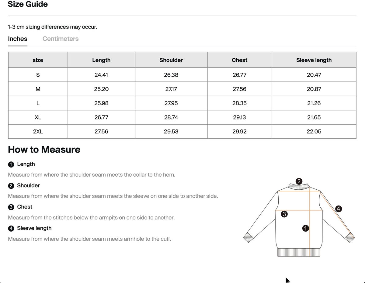 Size chart for WHYELUME Purpose Illuminated purple graphic boxy hoodie with length, hoodie, chest, and sleeve measurements in inches