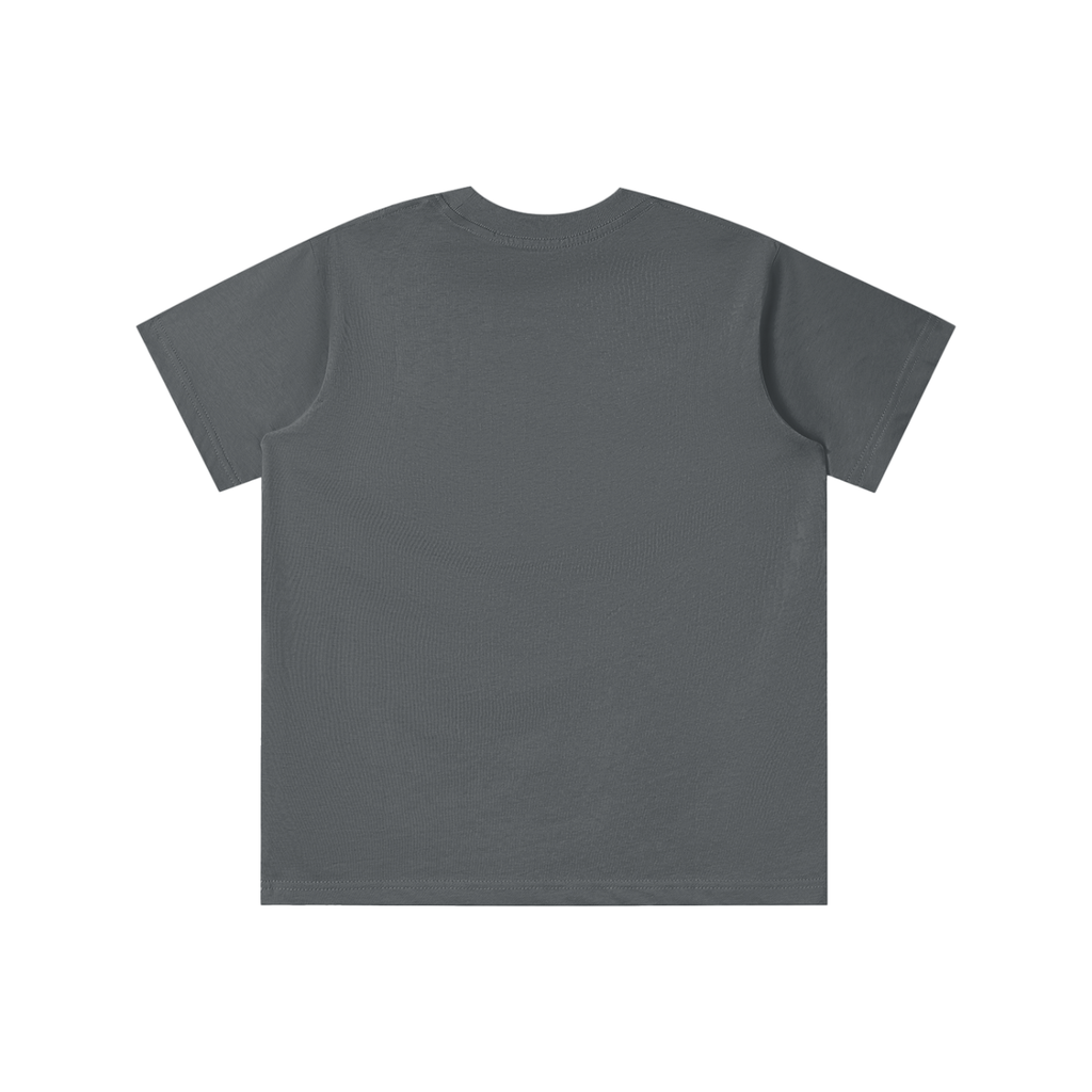 Back view of carbon gray WHYELUME Kids Arcade Energy tee with no print