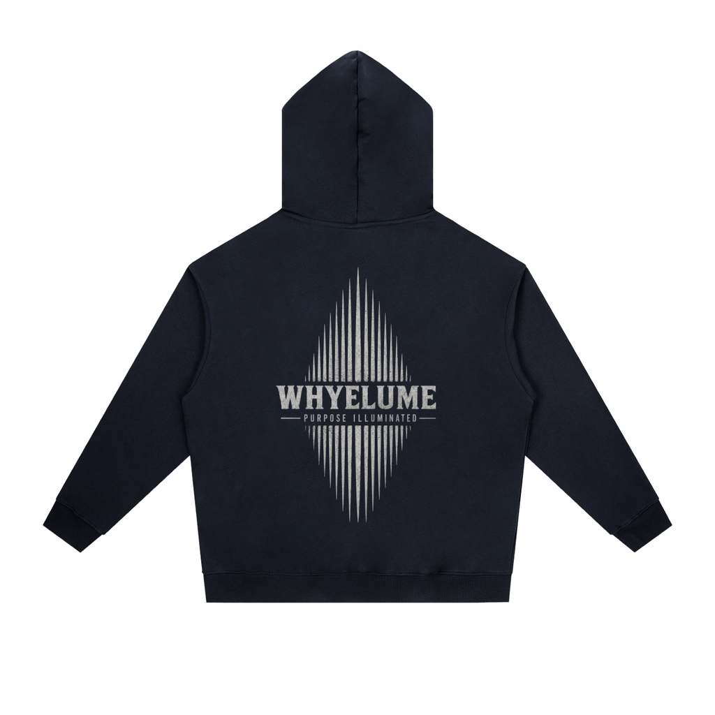 Back view of navy blue WHYELUME Essentials Radiant Mark drop-shoulder hoodie with white radiant burst graphic