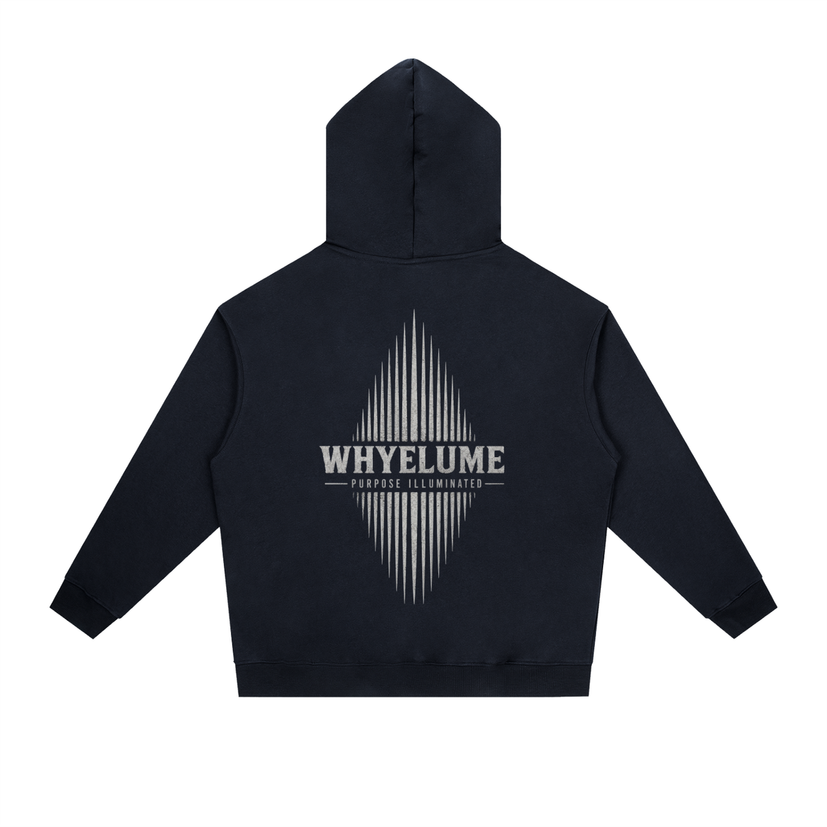 Back view of navy blue WHYELUME Essentials Radiant Mark drop-shoulder hoodie with white radiant burst graphic