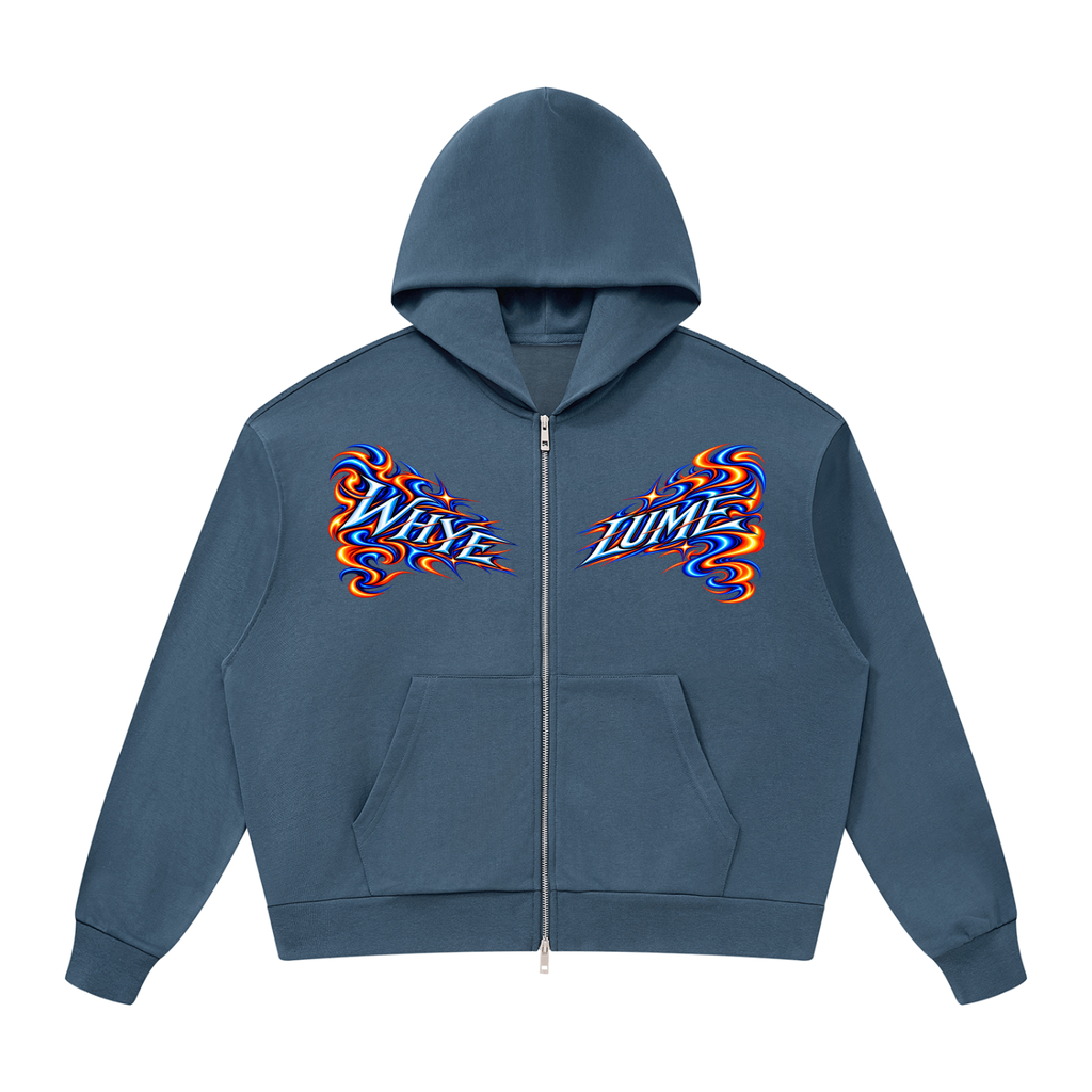 Front view of haze blue WHYELUME Purpose Illuminated heavyweight full-zip hoodie with blue and orange WHYE and LUME chest graphics