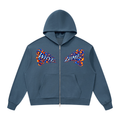 Front view of haze blue WHYELUME Purpose Illuminated heavyweight full-zip hoodie with blue and orange WHYE and LUME chest graphics