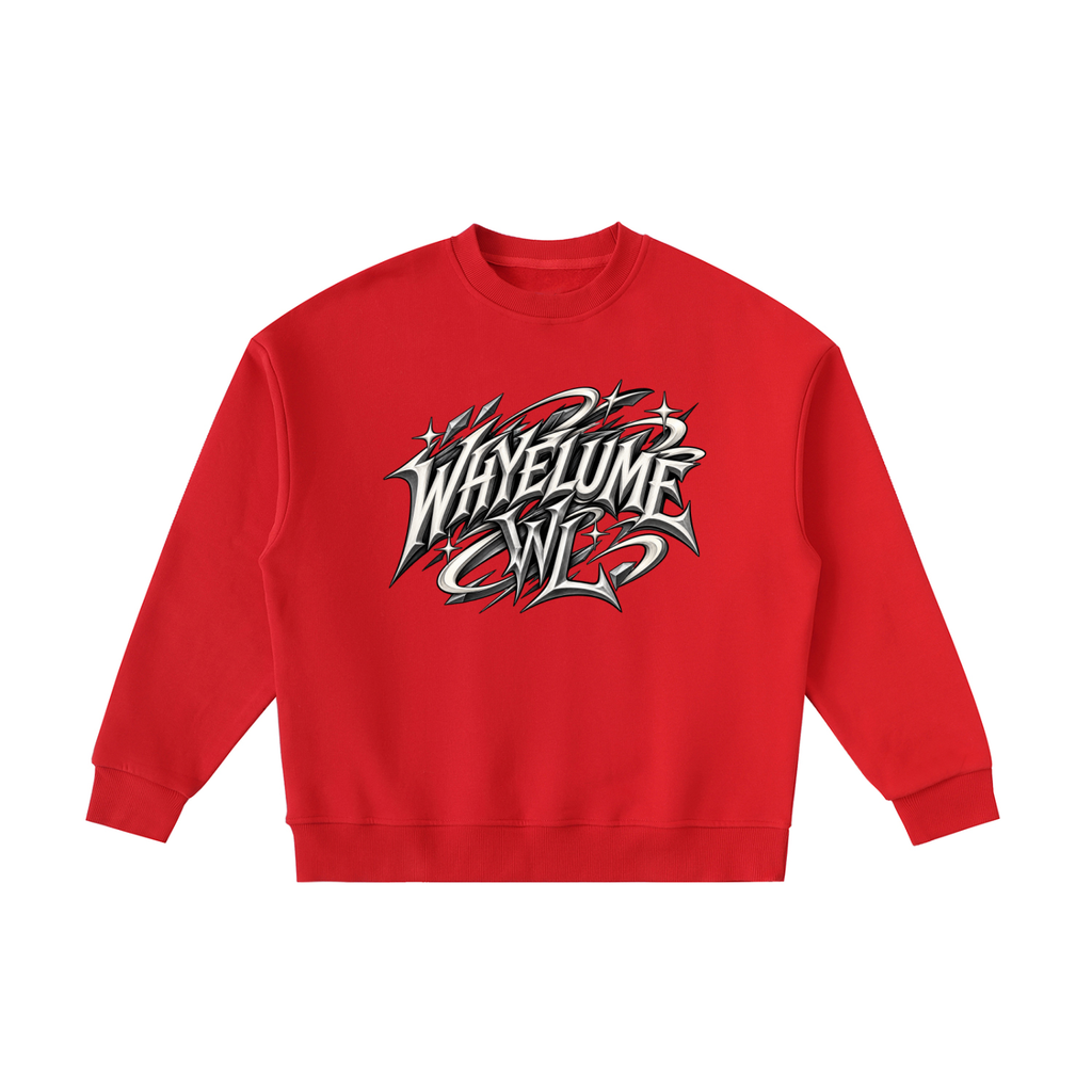 Front view of red WHYELUME Kids Purpose Illuminated fleece crewneck with white WHYELUME WL wordmark graphic