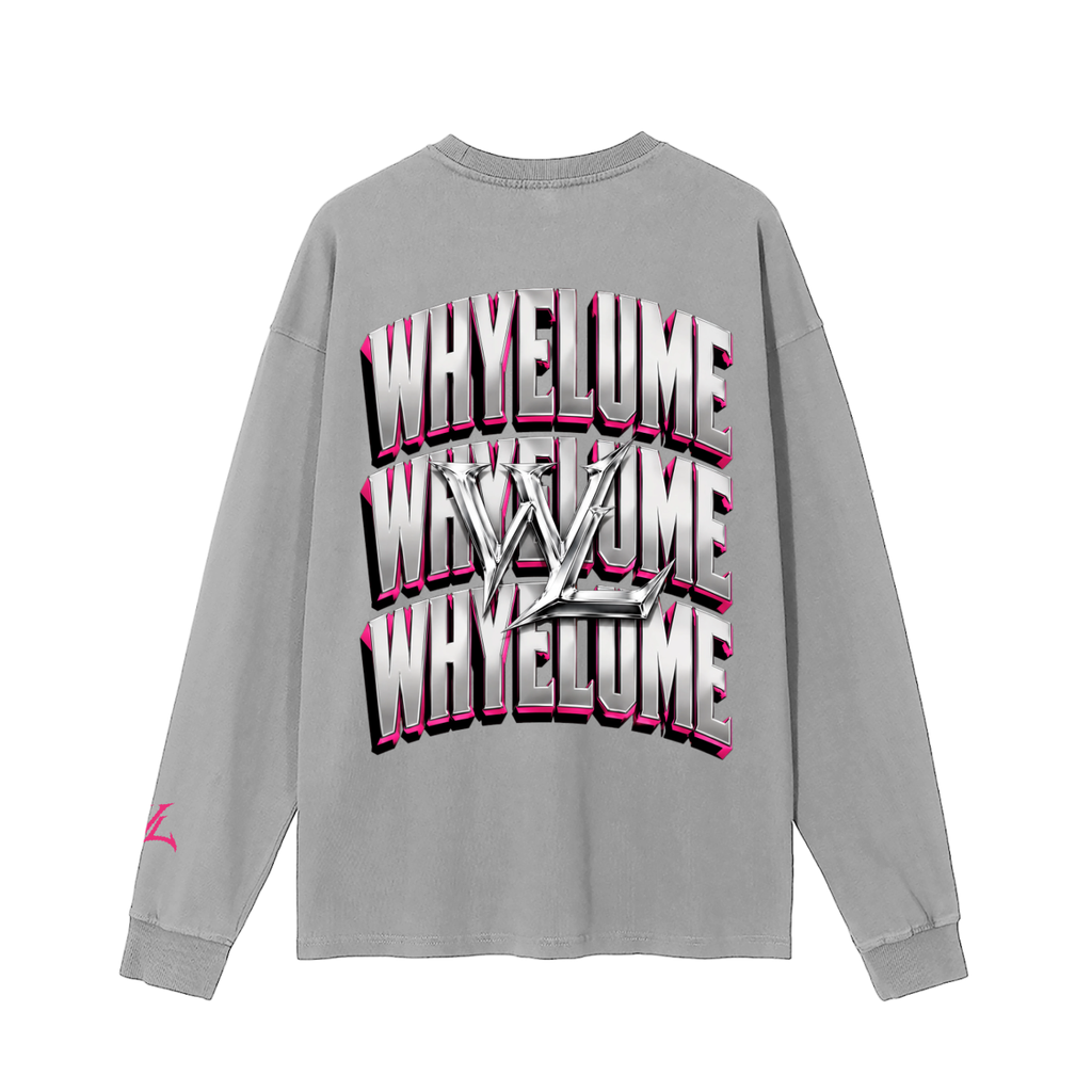 Back view of medium gray WHYELUME Chrome Stack washed long sleeve tee with white and pink stacked wordmark graphic