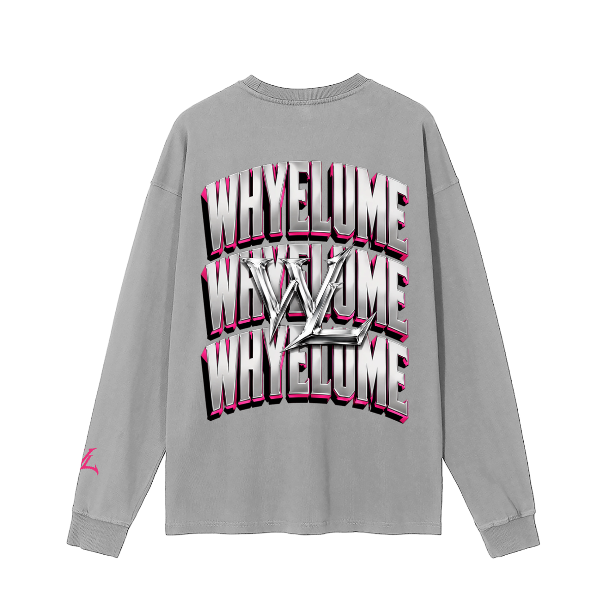 Back view of medium gray WHYELUME Chrome Stack washed long sleeve tee with white and pink stacked wordmark graphic