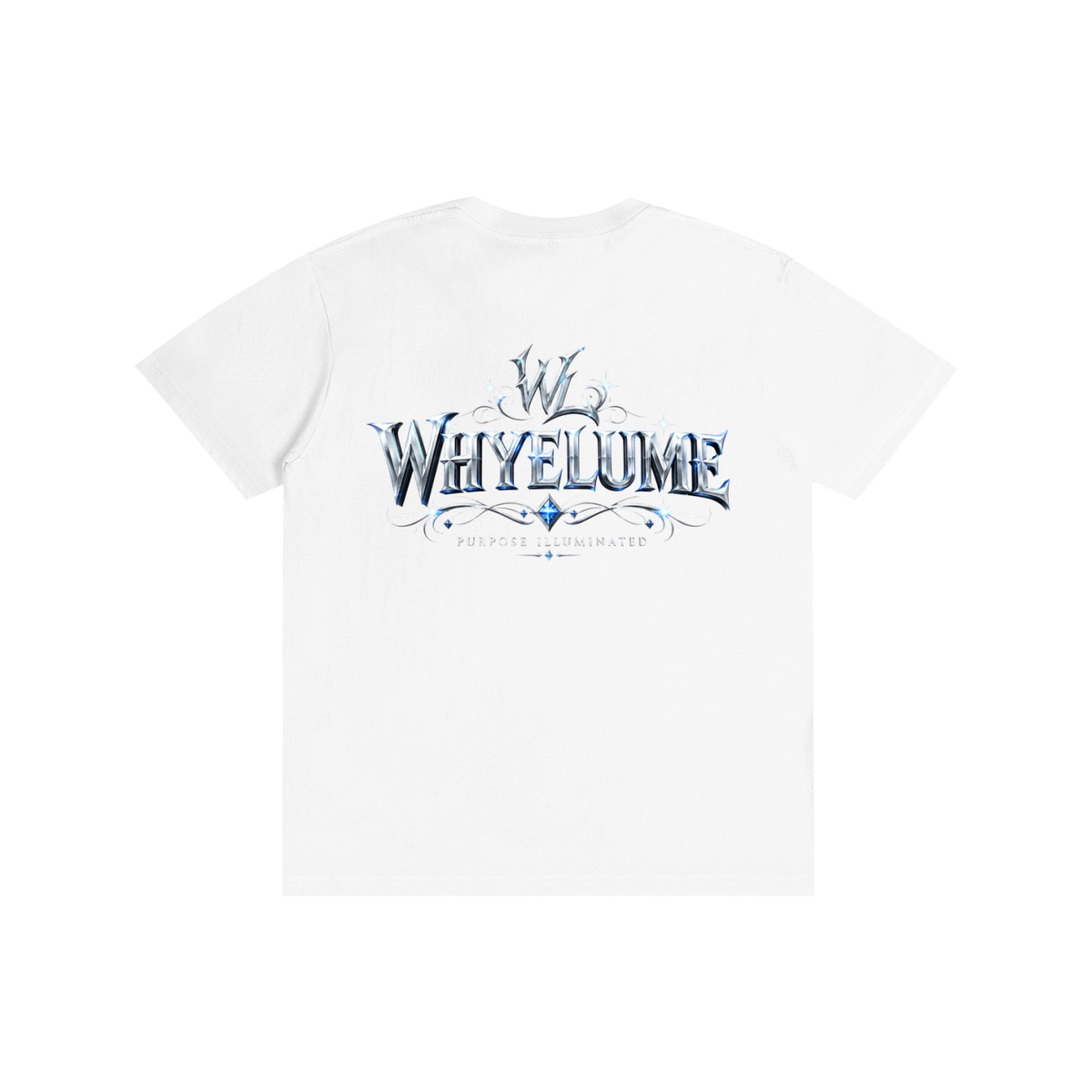 Back view of lucent white WHYELUME Silver Crest tee with silver crest wordmark graphic
