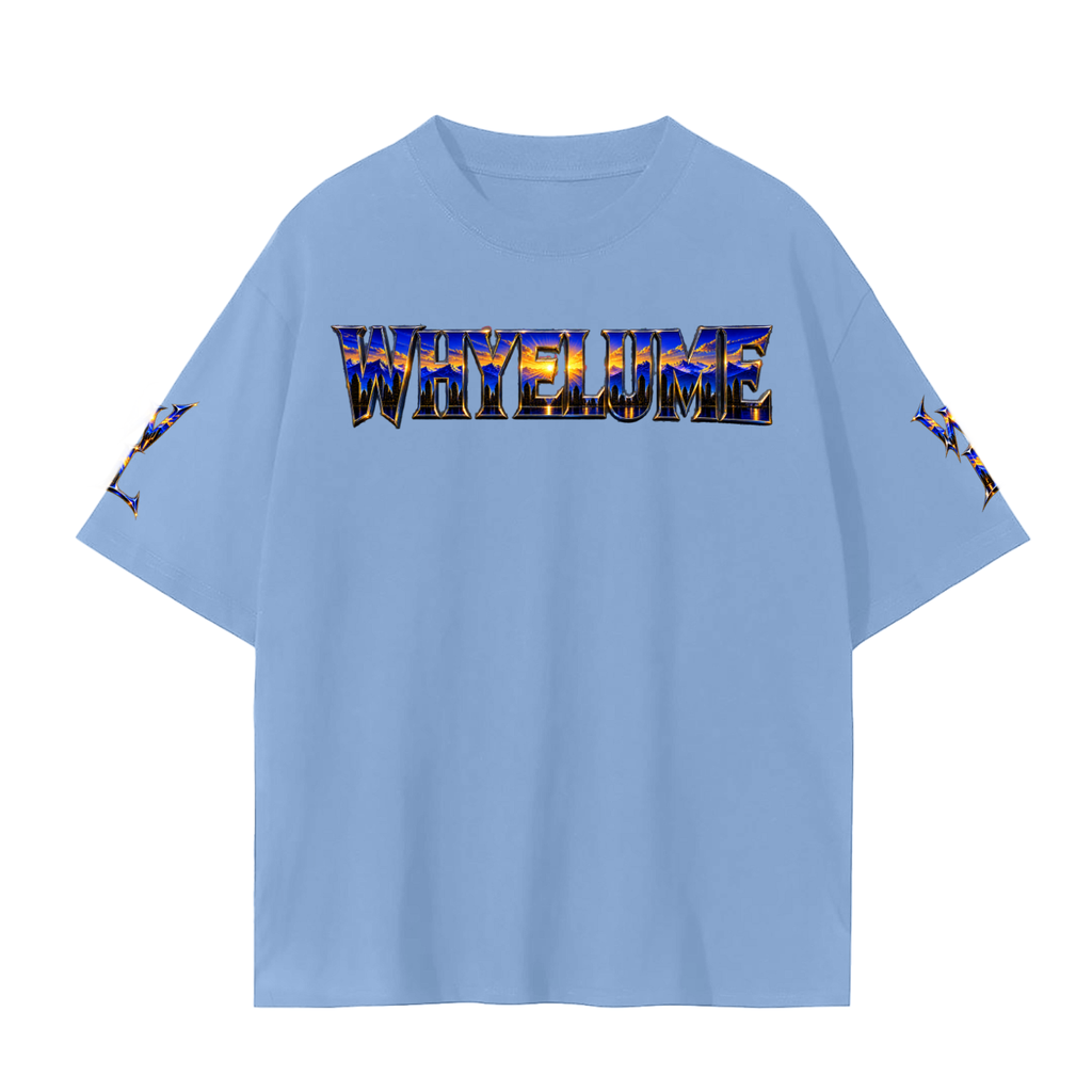 Front view of sky blue WHYELUME Purpose Illuminated seamless graphic tee with blue and gold dripping wordmark and sleeve graphics
