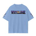 Front view of sky blue WHYELUME Purpose Illuminated seamless graphic tee with blue and gold dripping wordmark and sleeve graphics
