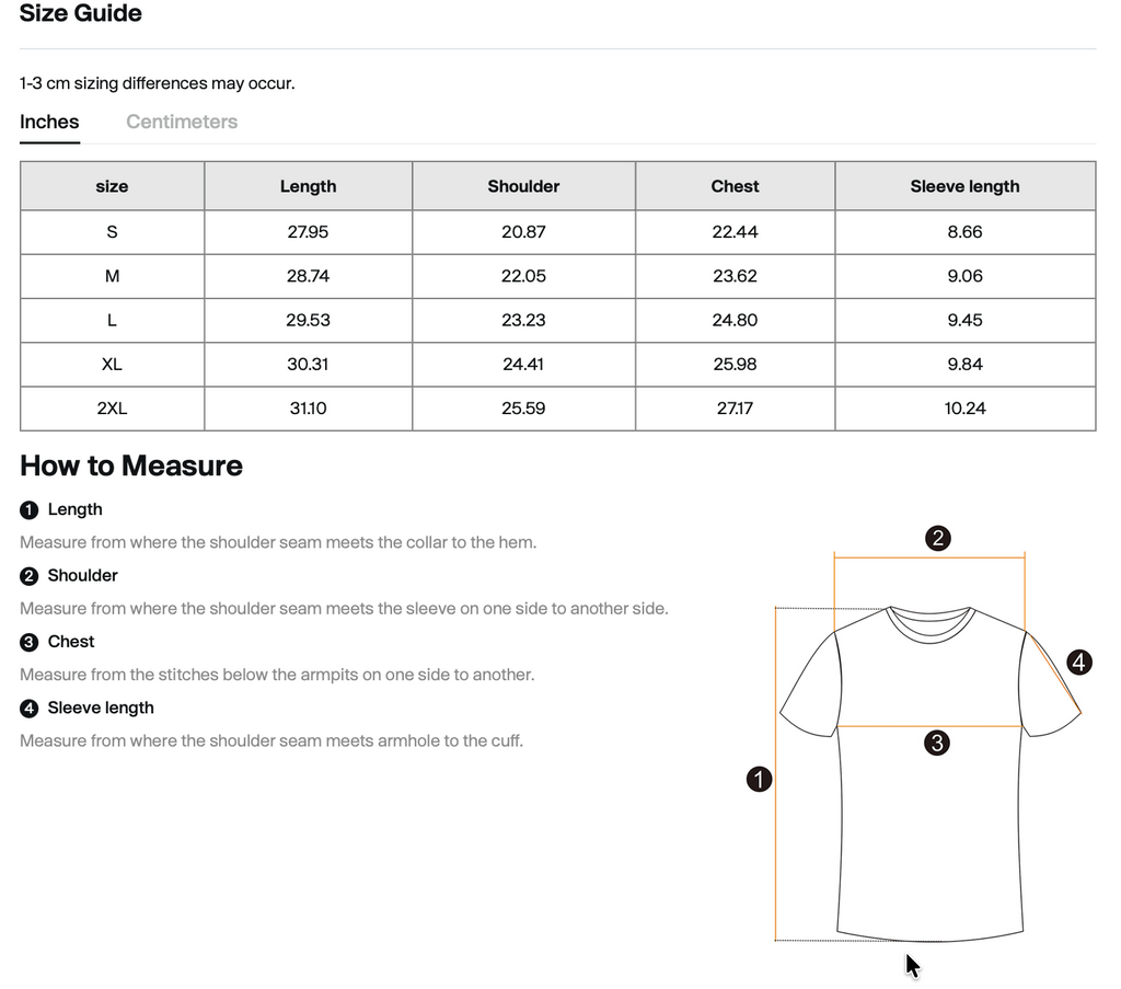 Size chart for WHYELUME Purpose Illuminated drop shoulder tee with length, shoulder, chest, and sleeve measurements in inches