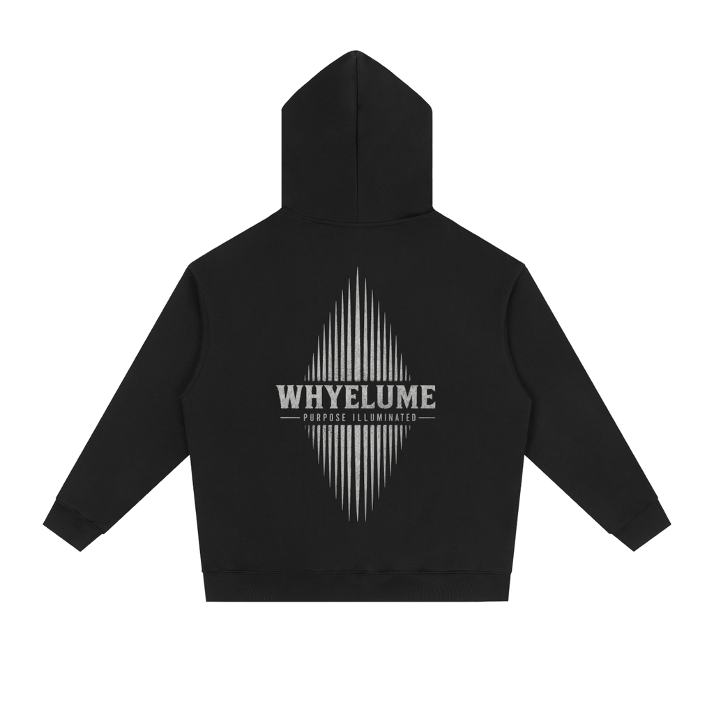 Back view of black WHYELUME Essentials Radiant Mark drop-shoulder hoodie with white radiant burst graphic
