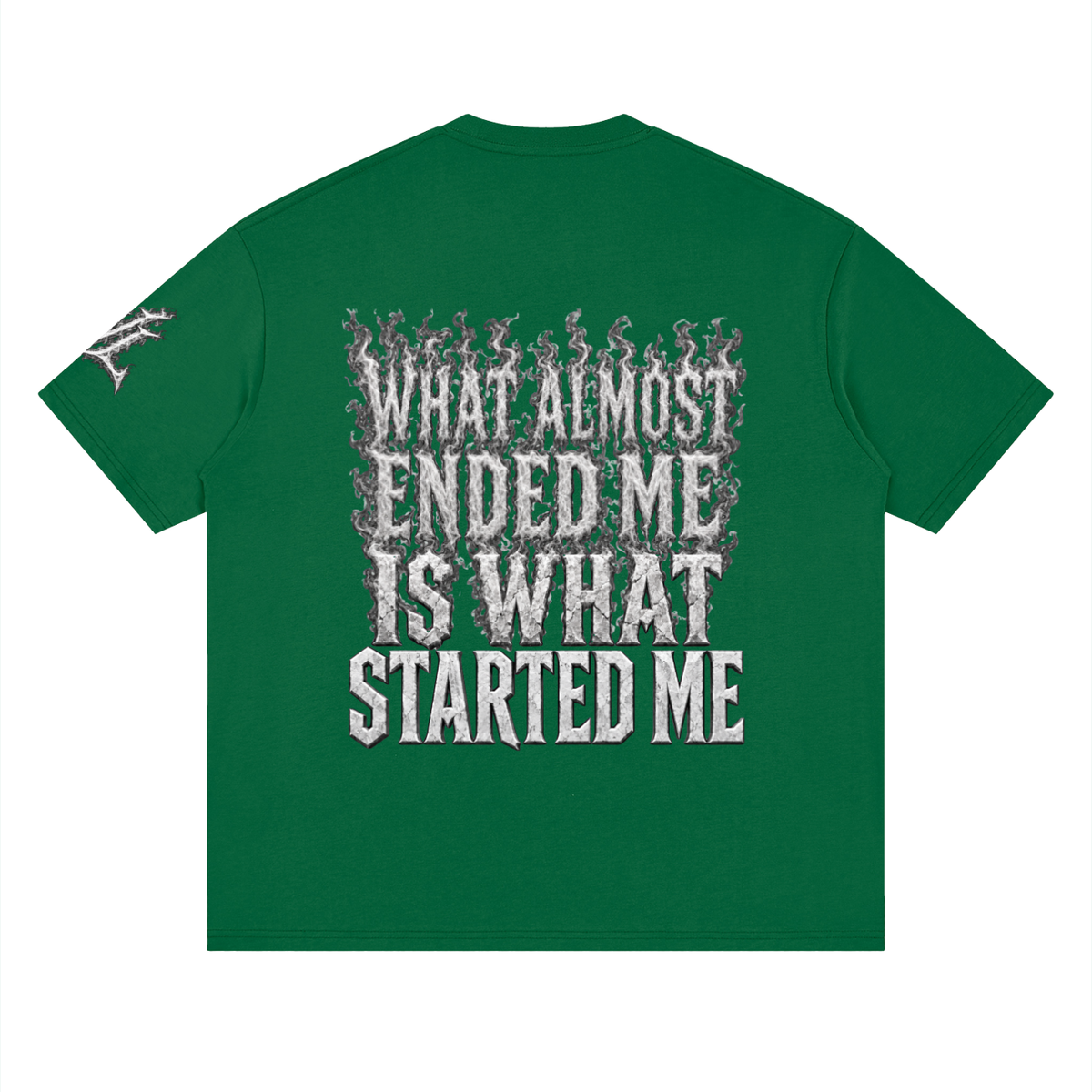 Back view of green WHYELUME What Started Me drop shoulder tee with white smoke What Almost Ended Me Is What Started Me graphic