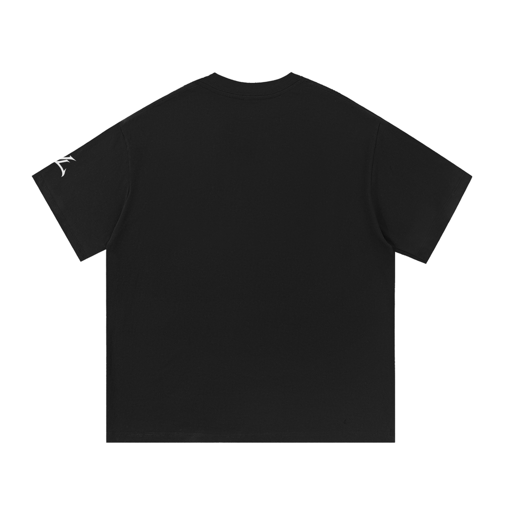 Back view of black WHYELUME Weathered Mark cotton tee with no print