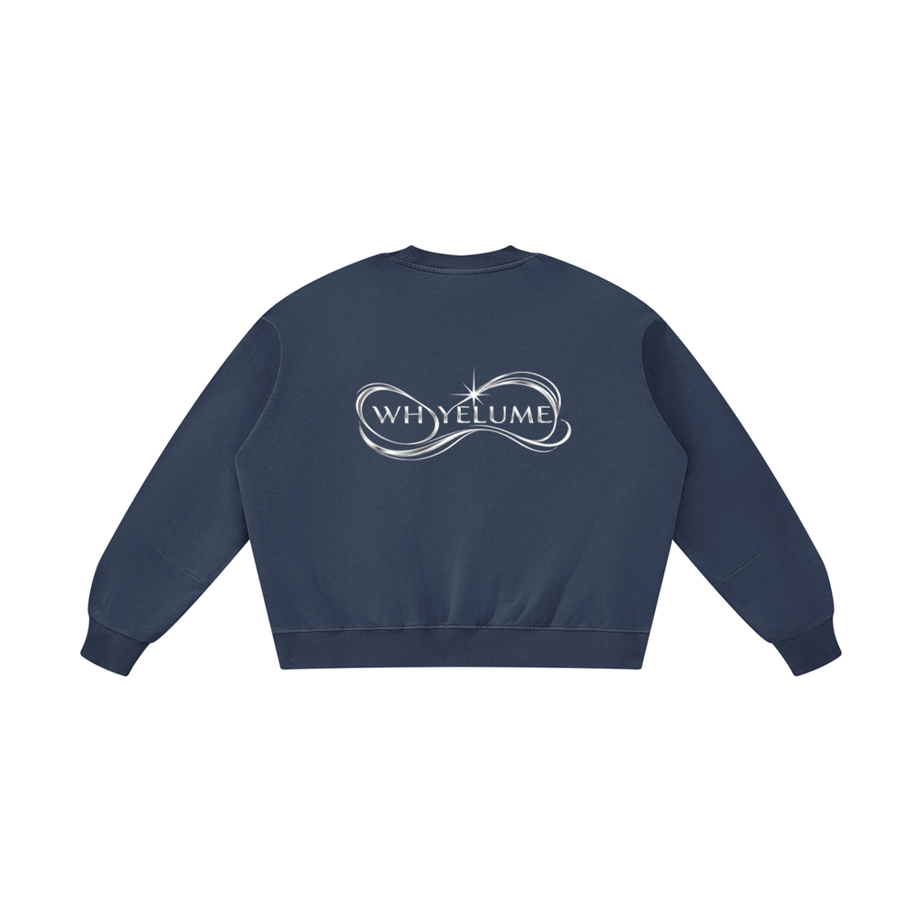 Back view of navy blue WHYELUME Purpose Illuminated vintage washed crewneck with white WHYELUME swirl graphic