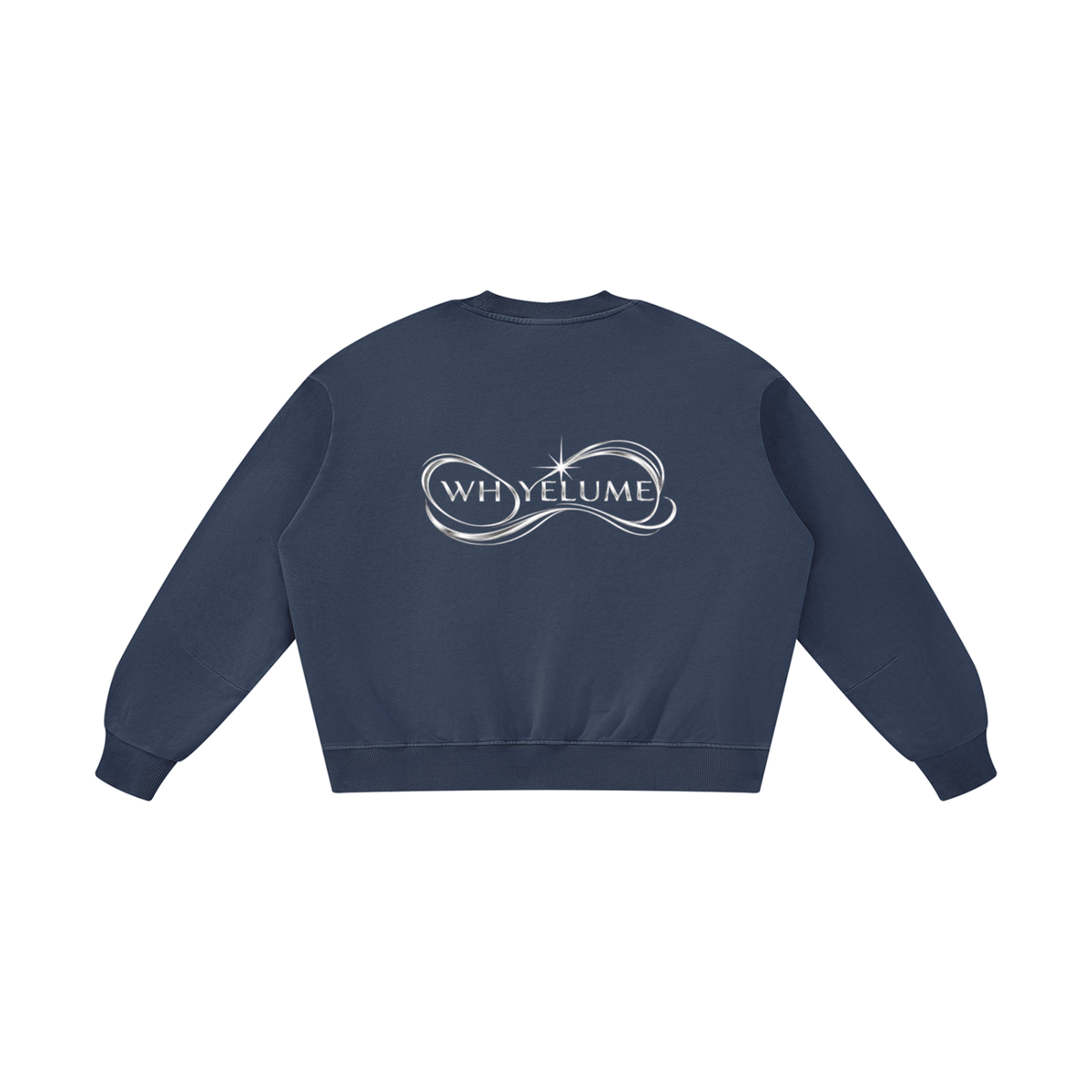 Back view of navy blue WHYELUME Purpose Illuminated vintage washed crewneck with white WHYELUME swirl graphic