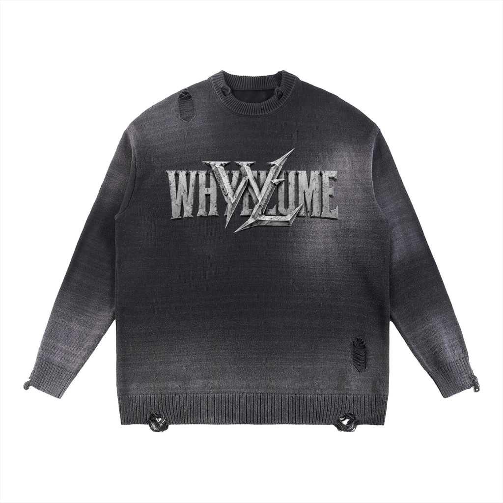 Front view of black sun faded WHYELUME Forged Mark distressed crewneck sweater with weathered stone wordmark and WL blade graphic