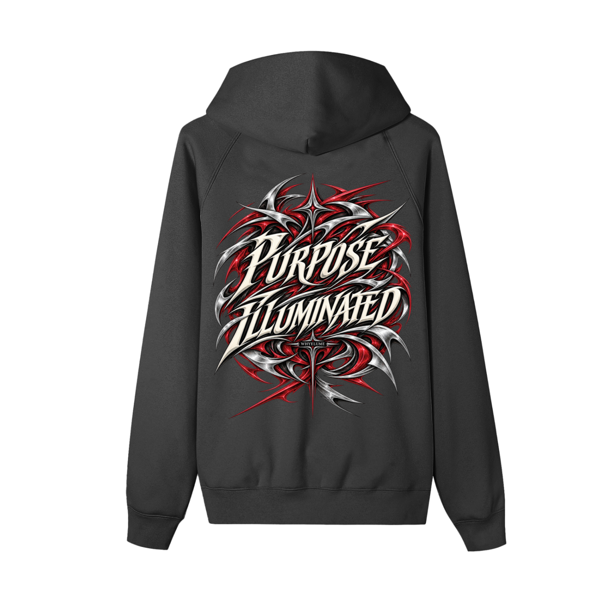 Back view of black WHYELUME Purpose Illuminated full-zip hoodie with large red Purpose Illuminated graphic