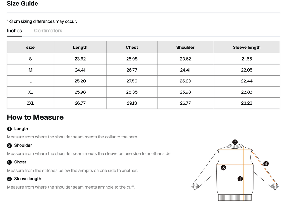Size chart for WHYELUME Purpose Illuminated vintage washed crewneck sweatshirt with length, chest, shoulder, and sleeve measurements in inches