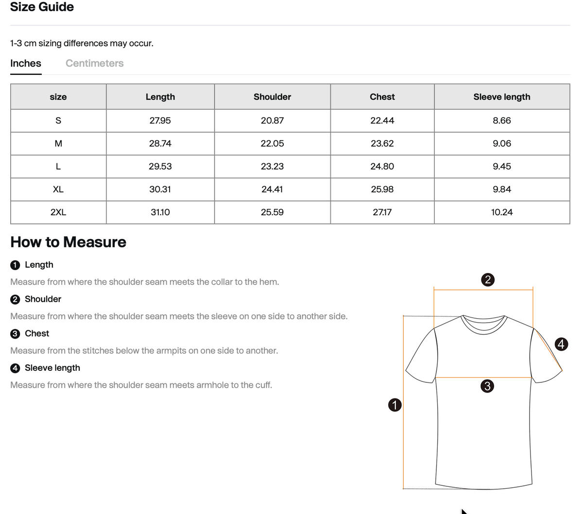 Size chart for WHYELUME Purpose Illuminated contrast drop shoulder tee with length, shoulder, chest, and sleeve measurements in inches