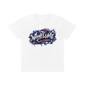 Front view of white WHYELUME Kids Street Energy tee with blue and red graffiti logo graphic