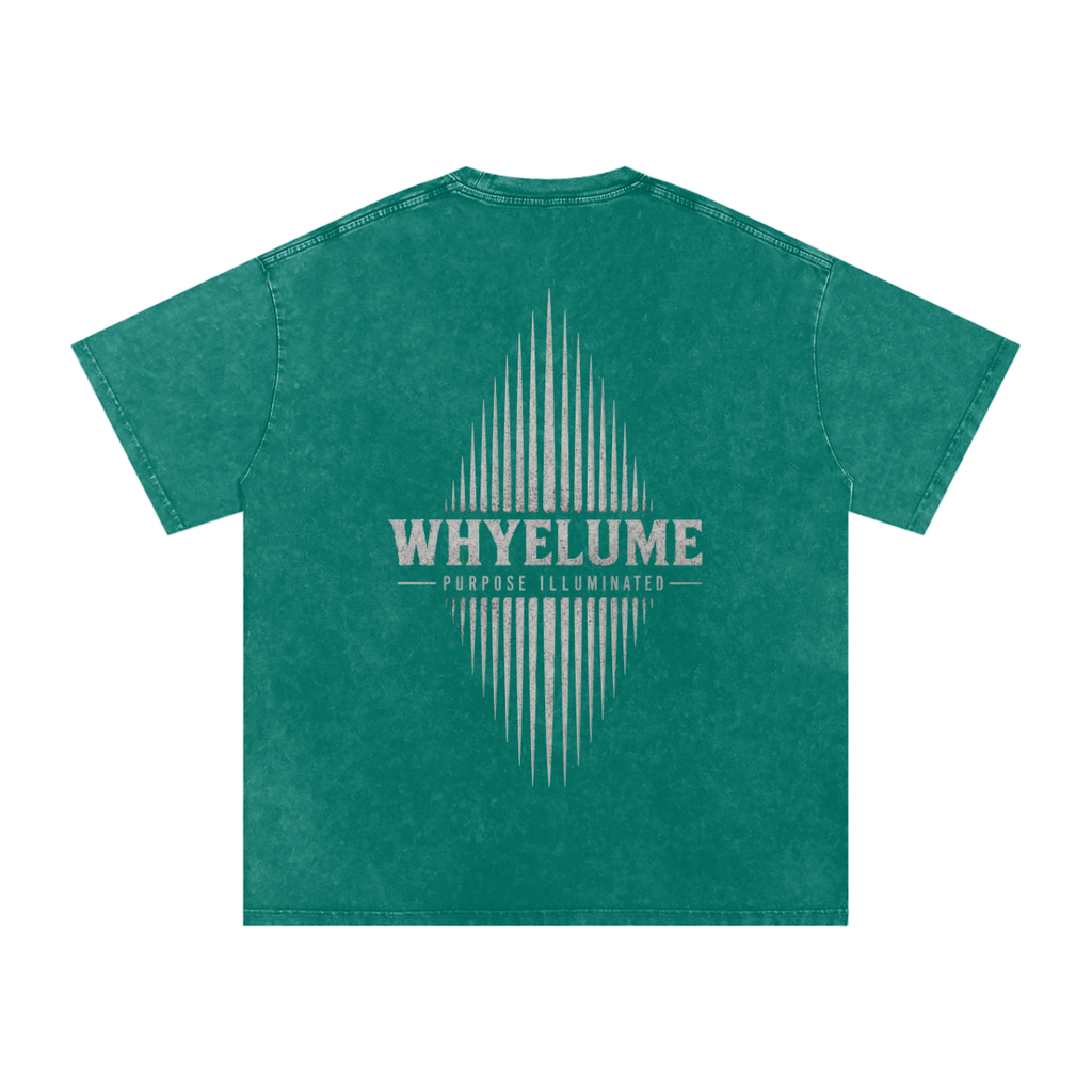 Back view of dark green snow washed WHYELUME Essentials Radiant Mark tee with white radiant burst graphic