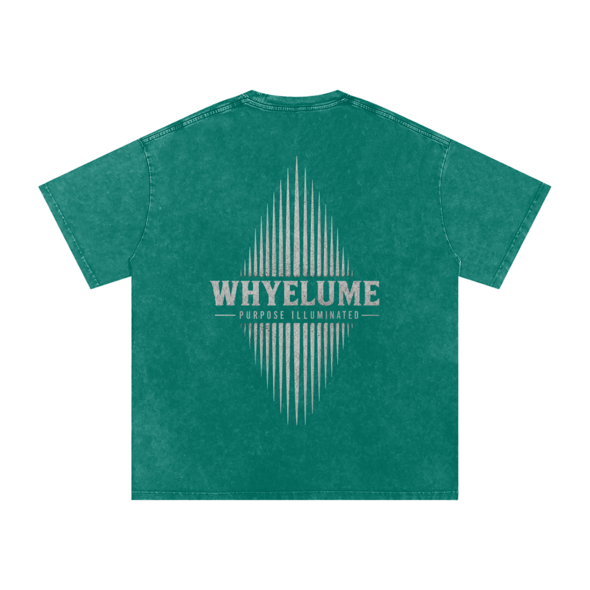 Back view of dark green snow washed WHYELUME Essentials Radiant Mark tee with white radiant burst graphic