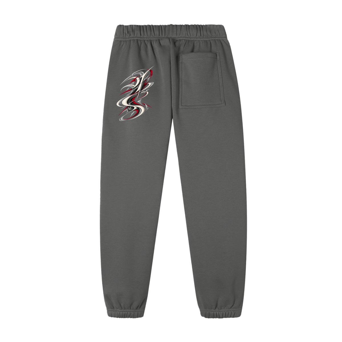 Back view of cement gray WHYELUME Purpose Illuminated essential fleece sweatpants with small red back leg graphic