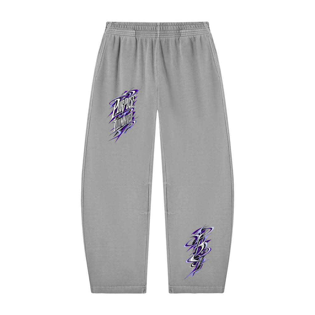 Front view of light gray WHYELUME Purpose Illuminated vintage washed barrel-leg sweatpants with purple graphics on hip and lower leg