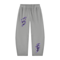 Front view of light gray WHYELUME Purpose Illuminated vintage washed barrel-leg sweatpants with purple graphics on hip and lower leg