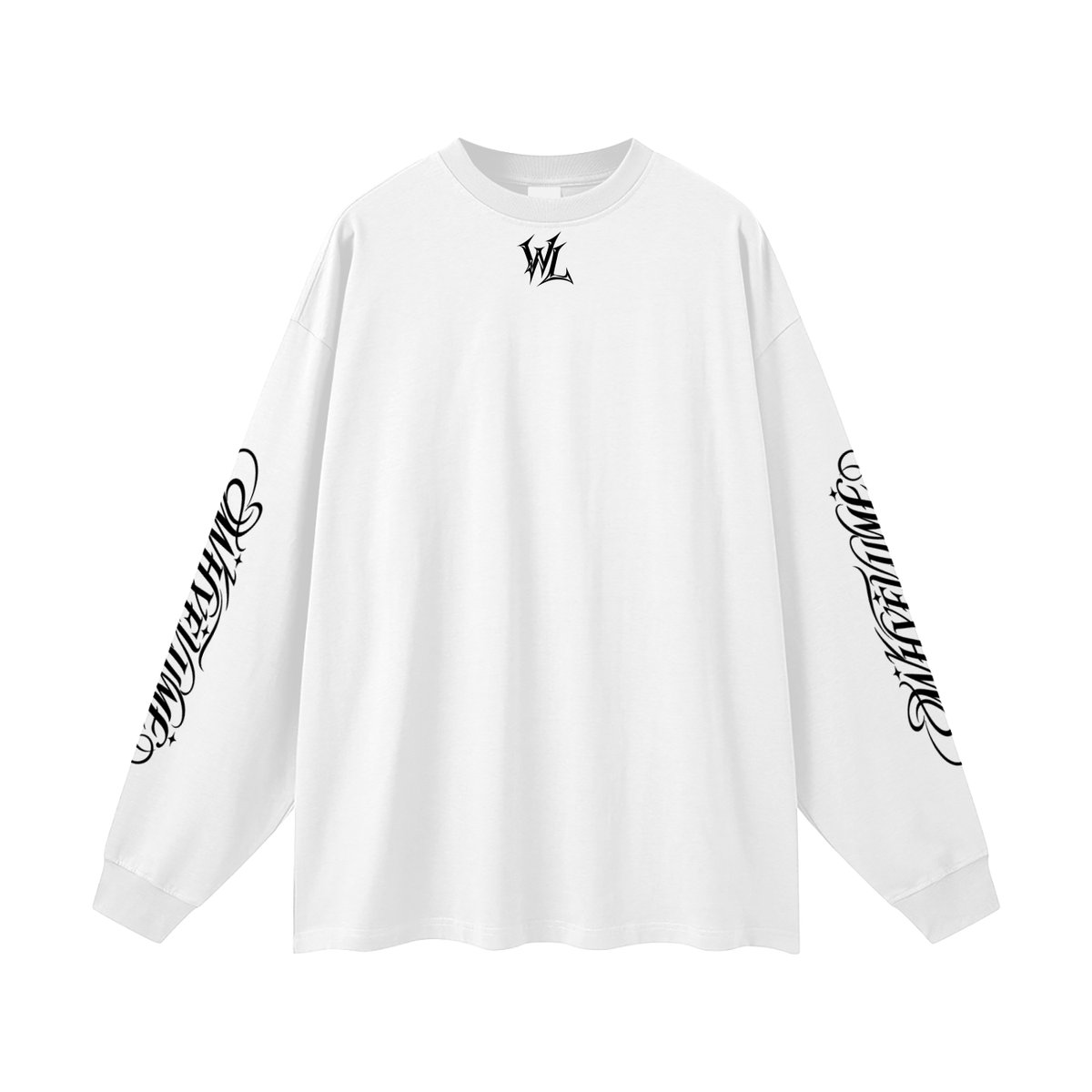 Front view of white WHYELUME Sleeve Script oversized long sleeve tee with small WL chest mark and black script down both sleeves