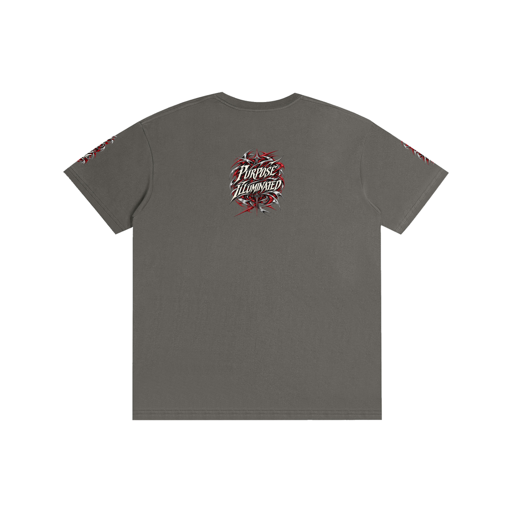 Back view of charcoal gray WHYELUME Purpose Illuminated pure cotton tee with small red circular graphic