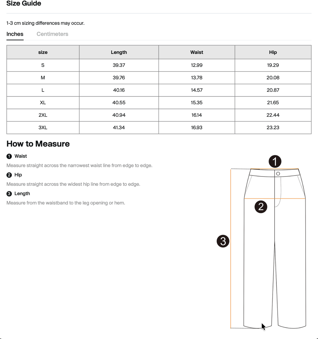 Size chart for WHYELUME Poured Empty straight leg sweatpants with waist, hip, and length measurements in inches