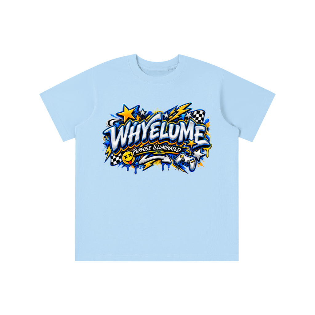 Front view of light blue WHYELUME Kids Arcade Energy tee with yellow and blue comic burst logo graphic